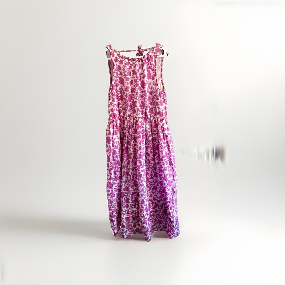 Caslon Womens M Pink White Floral V-Neck Tie Back Midi Dress Pockets Lined